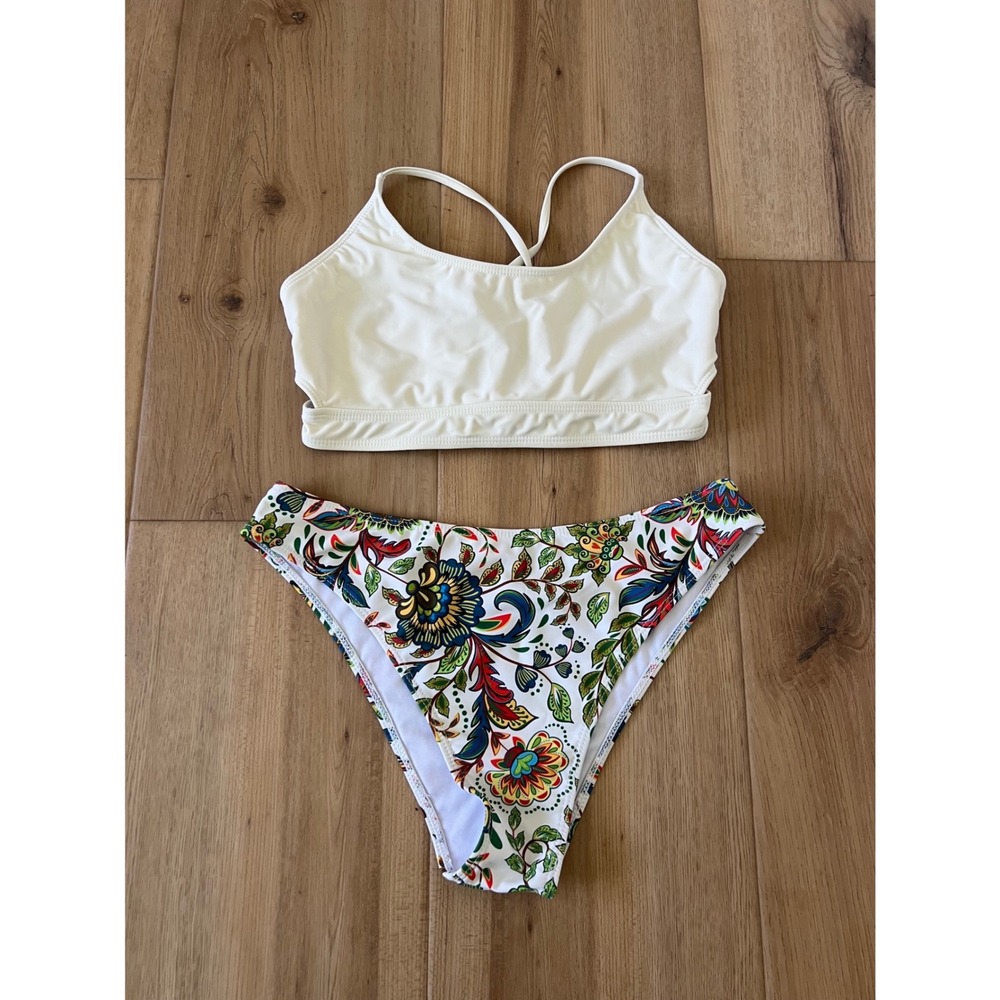 Zaful Cream Lace Up Bikini Set Floral High Cut Bottoms Size M US 6